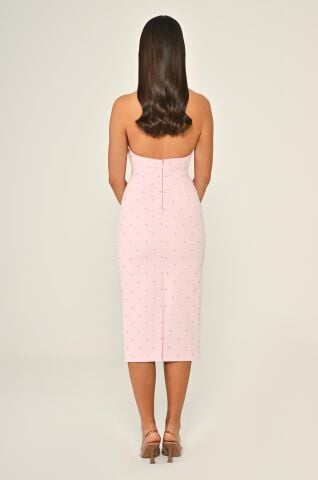 Halter Yaka Boncuklu Krep Midi Elbise Pembe - 44