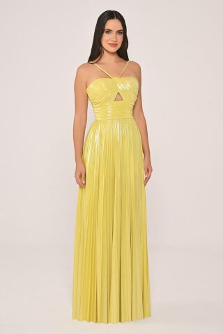 İp Askılı Önden Yırtmaçlı Parlak Şifon Uzun Elbise SARI - 42