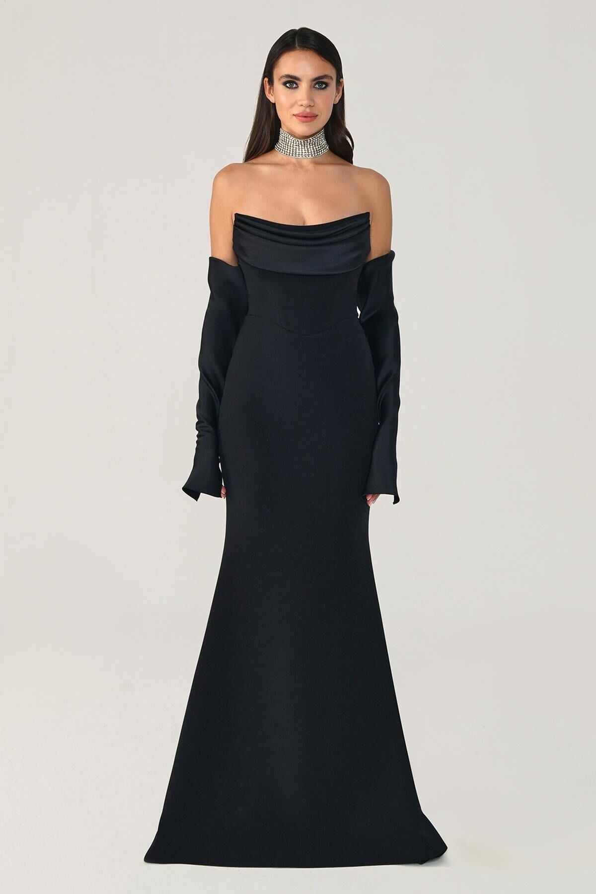 Straplez Kollu Balık Kesim Uzun Elbise Siyah - 36