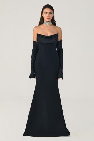 Straplez Kollu Balık Kesim Uzun Elbise Siyah - 36
