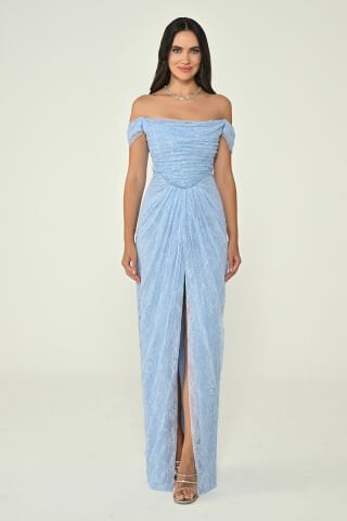 Düşük Omuz Drapeli Simli Dantel Uzun Elbise