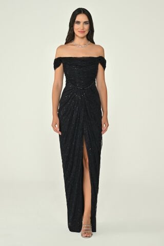 Düşük Omuz Drapeli Simli Dantel Uzun Elbise