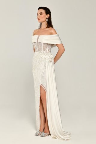 Transparentes langes Kleid mit niedriger Taille und Schlitz vorne, Weiß - 38