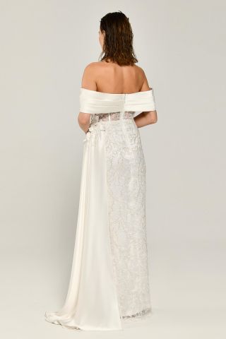 Transparentes langes Kleid mit niedriger Taille und Schlitz vorne, Weiß - 38