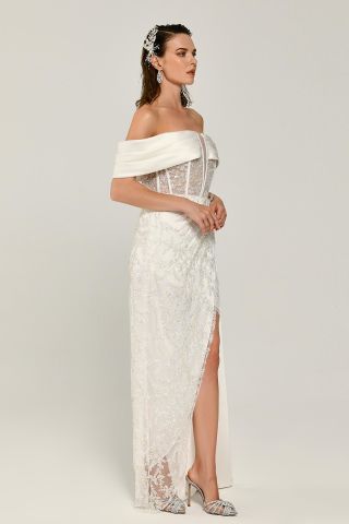 Transparentes langes Kleid mit niedriger Taille und Schlitz vorne, Weiß - 38