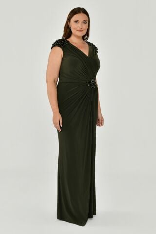 Kolsuz V Yaka Yırtmaçlı Uzun Elbise Nefti - 44