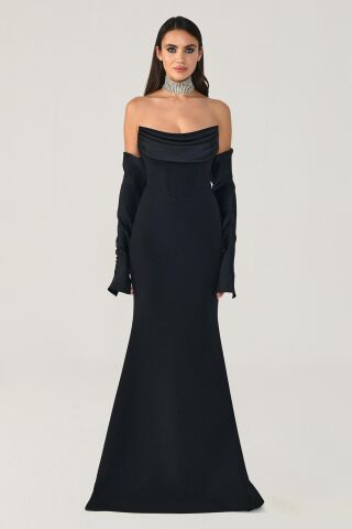 Straplez Kollu Balık Kesim Uzun Elbise Siyah - 44