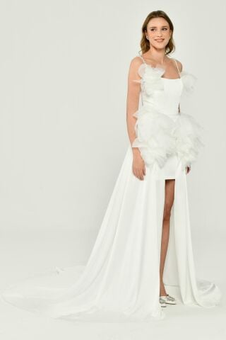 White Satin Dress with Tulle Accessories, Short on the Front and Long on the Back - 38