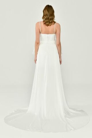 White Satin Dress with Tulle Accessories, Short on the Front and Long on the Back - 38