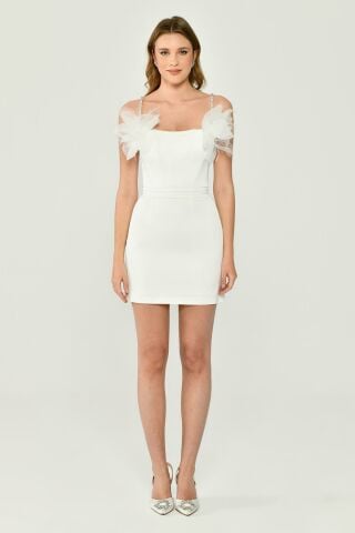 White Satin Dress with Tulle Accessories, Short on the Front and Long on the Back - 38