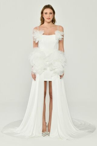 White Satin Dress with Tulle Accessories, Short on the Front and Long on the Back - 38