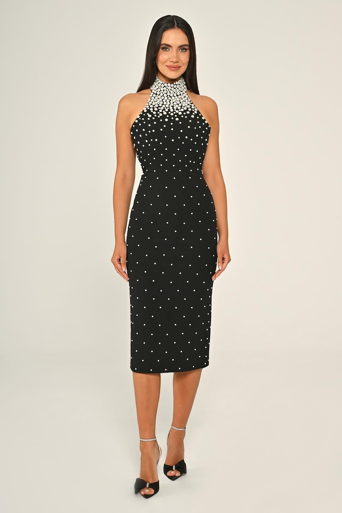 Halter Yaka Boncuklu Krep Midi Elbise Siyah - 44