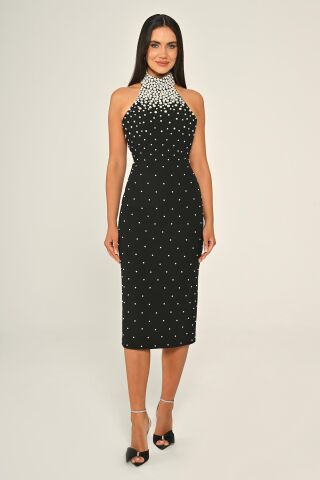 Halter Yaka Boncuklu Krep Midi Elbise Siyah - 44