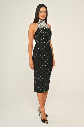 Halter Yaka Boncuklu Krep Midi Elbise Siyah - 44