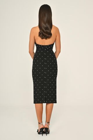 Halter Yaka Boncuklu Krep Midi Elbise Siyah - 44