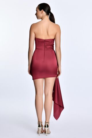 Straplez Allerli Saten Kısa Elbise ŞARAP - 40