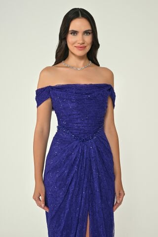 Düşük Omuz Drapeli Simli Dantel Uzun Elbise Mor - 42