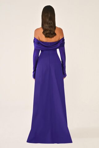 Düşük Omuz Kolları Saten Krep Uzun Elbise Mor - 38