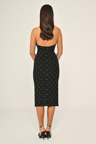 Halter Yaka Boncuklu Krep Midi Elbise Siyah - 46