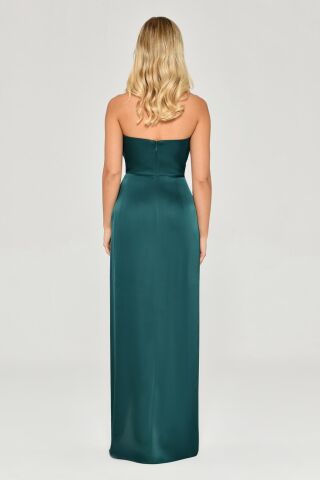 Straplez Saten Uzun Elbise PETROL - 36
