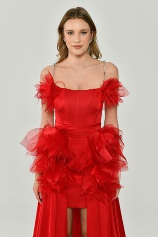 Tül Aksesuarlı Önü Kısa Arkası Uzun Saten Elbise Kırmızı - 36