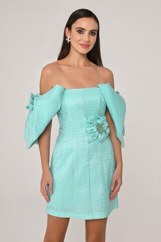 Düşük Kol Beli Çiçek Aksesuarlı Kısa Elbise MİNT - 36
