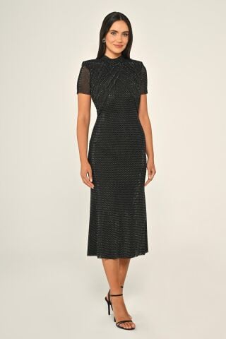 Kısa Kollu Boncuklu Kumaş Midi Elbise