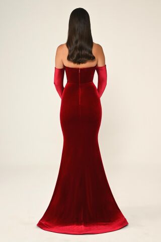 Straplez Kollu Balık Kesim Kadife Uzun Elbise Kırmızı - 42