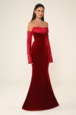 Straplez Kollu Balık Kesim Kadife Uzun Elbise Kırmızı - 44