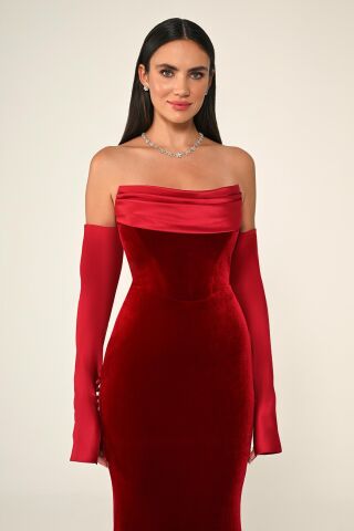 Straplez Kollu Balık Kesim Kadife Uzun Elbise Kırmızı - 44