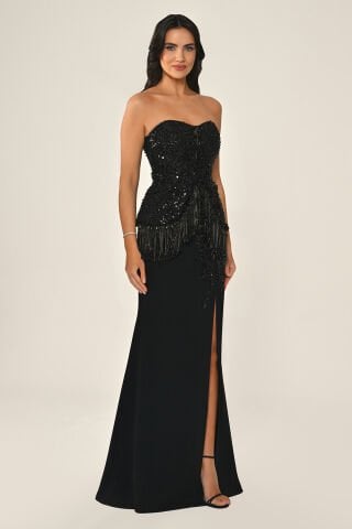 Straplez Üst Payetli Boncuklu Yırtmaçlı Uzun Elbise