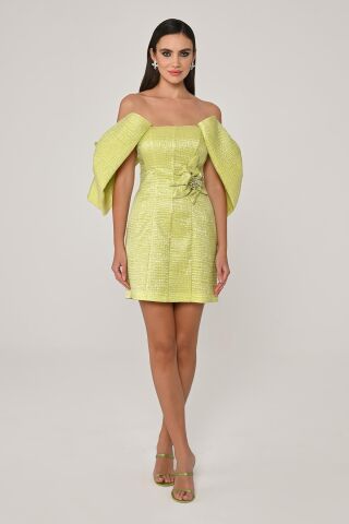 Düşük Kol Beli Çiçek Aksesuarlı Kısa Elbise ELMA YEŞİLİ - 42