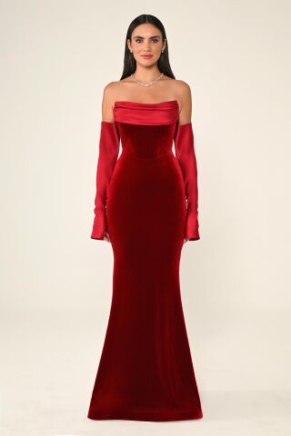 Straplez Kollu Balık Kesim Kadife Uzun Elbise Kırmızı - 46