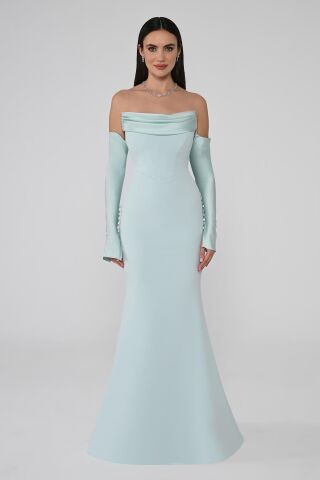 Straplez Kollu Balık Kesim Uzun Elbise AÇIK MAVİ - 46