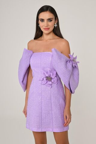 Düşük Kol Beli Çiçek Aksesuarlı Kısa Elbise Koyu Lila - 38