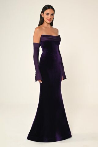 Straplez Kollu Balık Kesim Kadife Uzun Elbise Mor - 42