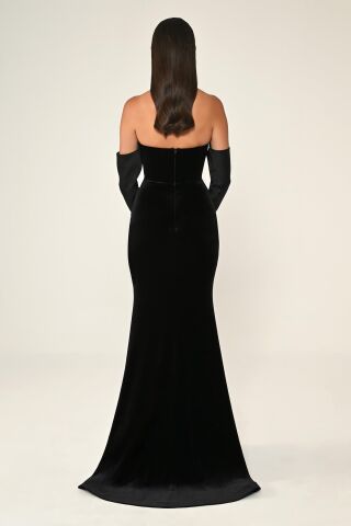 Straplez Kollu Balık Kesim Kadife Uzun Elbise Siyah - 36