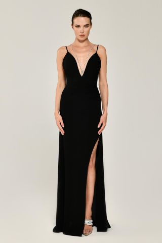 DEEP DECOLATE LONG DRESS WITH STONE BACK ROPE SLOT Black - 40