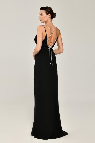 DEEP DECOLATE LONG DRESS WITH STONE BACK ROPE SLOT Black - 40