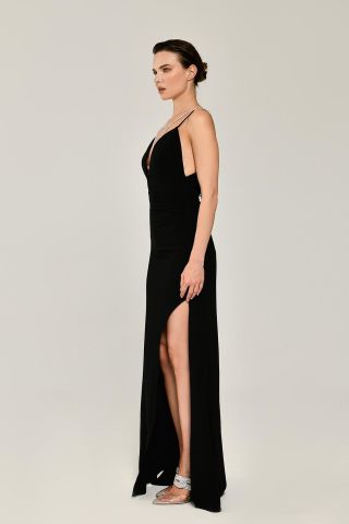 DEEP DECOLATE LONG DRESS WITH STONE BACK ROPE SLOT Black - 40