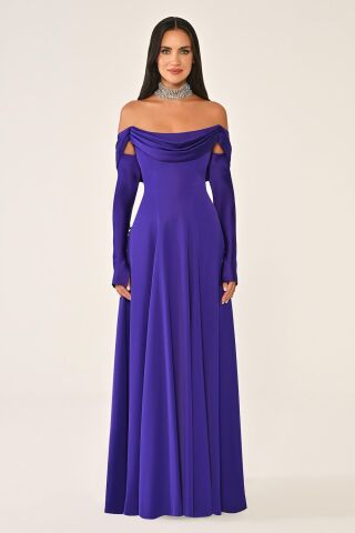 Düşük Omuz Kolları Saten Krep Uzun Elbise Mor - 44
