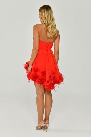 Straplez Eteği Tüylü Şifon Kısa Elbise