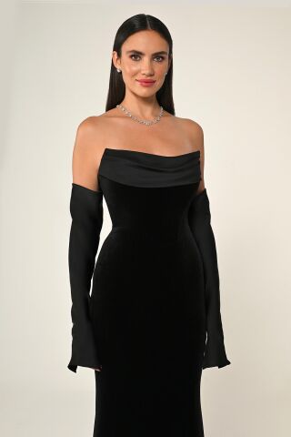 Straplez Kollu Balık Kesim Kadife Uzun Elbise Siyah - 38