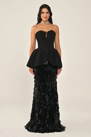 Straplez Volanlı Eteği Payet Uzun Elbise