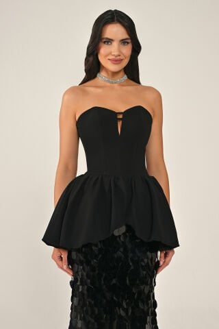 Straplez Volanlı Eteği Payet Uzun Elbise