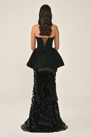 Straplez Volanlı Eteği Payet Uzun Elbise