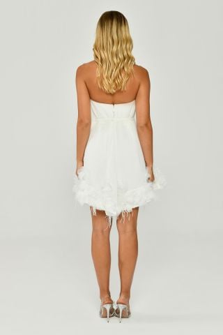 Straplez Eteği Tüylü Şifon Kısa Elbise Beyaz - 36