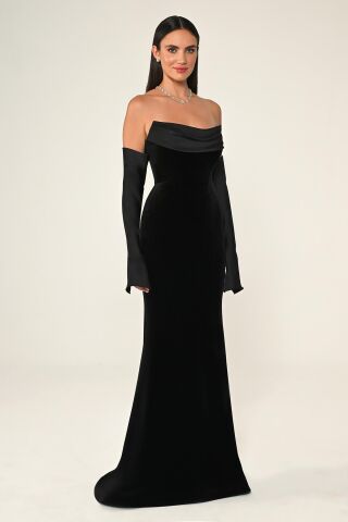 Straplez Kollu Balık Kesim Kadife Uzun Elbise Siyah - 40