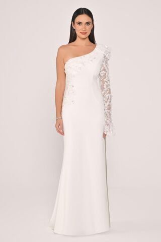 Tek Kollu Payet İşlemeli Yandan Yırtmaçlı Krep Uzun Elbise Beyaz - 38