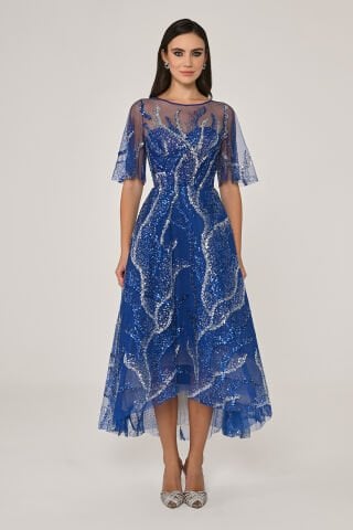 Kısa Kollu Parlak Tül Midi Elbise